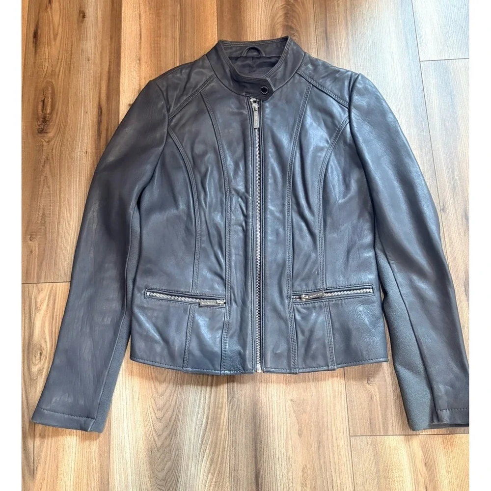Michael Michael Kors Dark Gray Leather Moto Jacket Women's Small Silver Coat